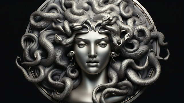 Antique Silver Medusa Bas Relief 3d illustration