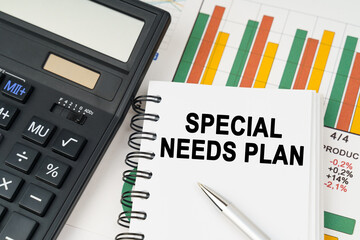On business charts there is a calculator, a pen and a notepad with the inscription - special needs plan