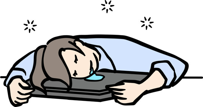 パソコンを枕によだれが出るほど爆睡する仕事中の女性のイラスト