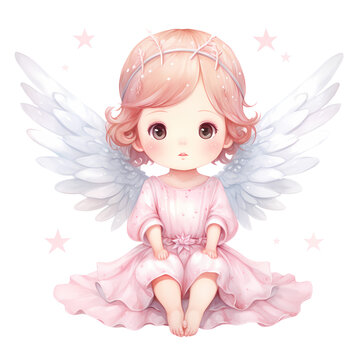 Cute Pink Baby Fairy Watercolor Clipart Illustration