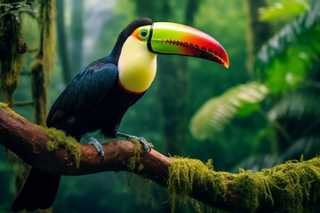 Obraz premium Multicolored toucan bird sitting on tree branch in tropical rainforest with blurred green background