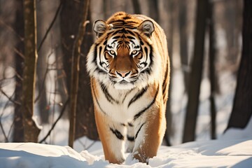 Obraz premium Big Amur tiger stands in winter forest with bare trees with snow on background