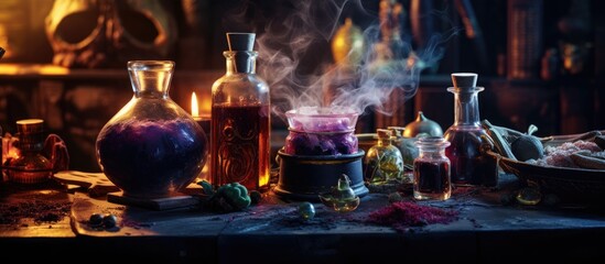 Halloween witch concocts potions using dark magic in a spellbound room. - obrazy, fototapety, plakaty