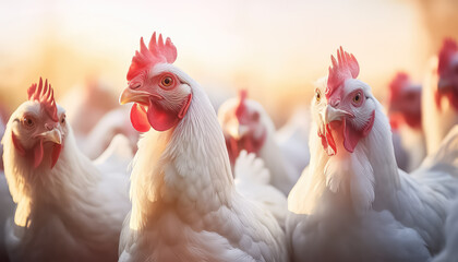 Chickens at sunset on a free range in an eco farm - obrazy, fototapety, plakaty