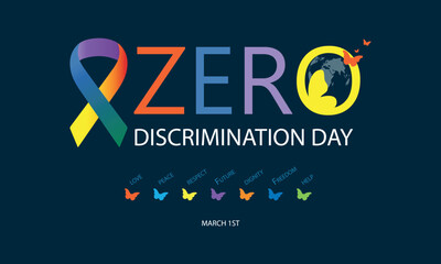 Zero Discrimination Day. Text with butterflies Basic words of respect for people. March 1st - obrazy, fototapety, plakaty