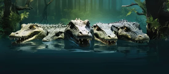Gartenposter Multiple crocodiles rest under trees, while others swim in a pool. © 2rogan