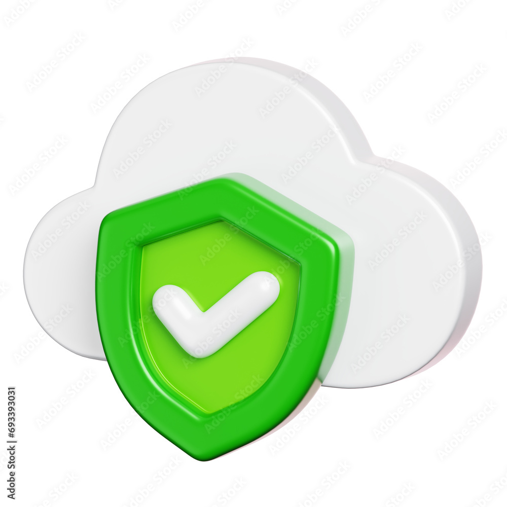 Poster cloud data with protection shield isolated. computer network security icon. 3d illustration