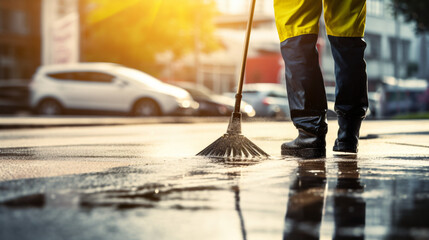 Street cleaning with high pressure water. Background - obrazy, fototapety, plakaty