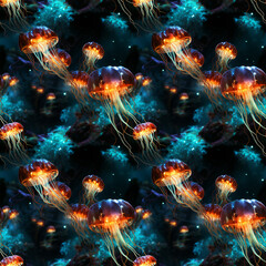 Fototapeta na wymiar Jellyfish pattern. Seamless pattern of colorful sea transparent underwater animal. AI Generated.