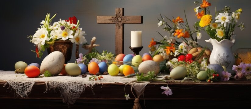 Easter celebrations include a wooden cross with Christ, painted eggs, and the joyous coming of the savior.