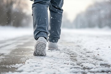 Man walking in the snow, wearing sneakers. - obrazy, fototapety, plakaty