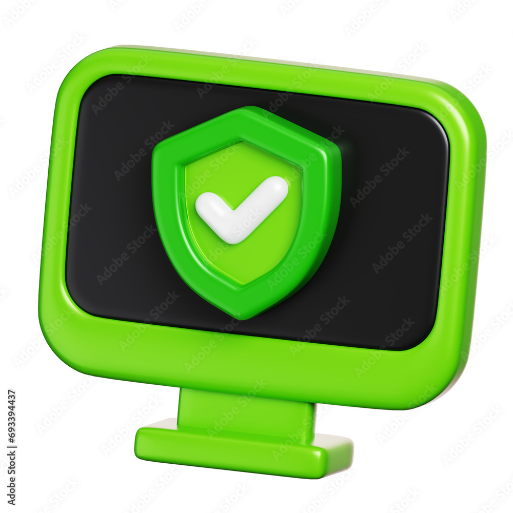 Poster computer screen displays with protection shield. computer network and cyber security icon. 3d illust