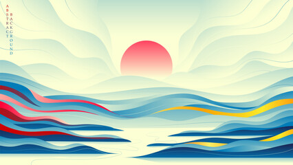 Abstract landscape with sunrise. Oriental style. Vector background.