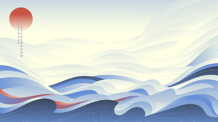 Abstract landscape with red sun and blue sky. Japanese style. Vector background. - obrazy, fototapety, plakaty
