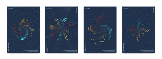 A set of abstract posters with small elements forming geometric shapes.