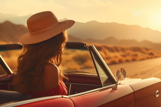 Fototapeta Young woman taking a road trip in a vintage car, scenic route