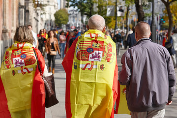 Demonstration in Spain with spanish flags. Protest. Crowd in Madrid