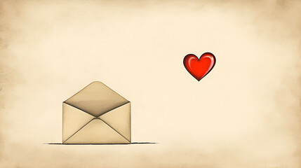 Sketch style drawing of an envelope and red heart on old paper. Valentine's Day.