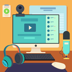 Computer, webcamera, microphone and headphones vector illustration. Toolbox for online consulting, expertise, consultation concept