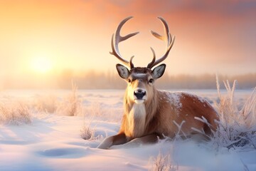 Wild reindeer with antlers on snowy field in winter, Herd of Reindeer, Reindeer sleigh-Ai Generated