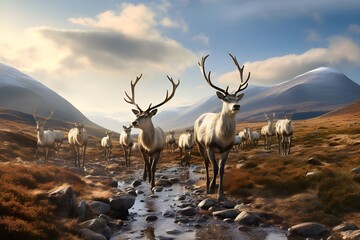 Wild reindeer with antlers on snowy field in winter, Herd of Reindeer, Reindeer sleigh-Ai Generated