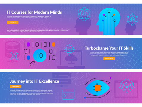 IT courses education internet banner advertising landing page design template set vector flat