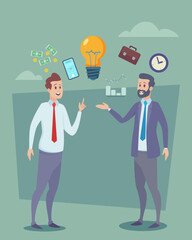 Two businessmen in formal wear discussing business idea at meeting. Vector illustration. Light bulb as new idea symbol, clock, smartphone, money, briefcase on background. Startup, business concept