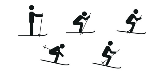 man on skis, winter sport, a set of human figures in different poses on skis, pictogram, flat vector illustration, isolated on a white background - obrazy, fototapety, plakaty