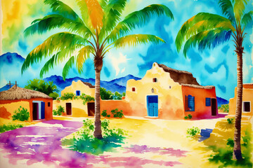 A watercolor town. Enchanting Mexican Delights. Watercolor Painting of a Vibrant Town. Generative AI