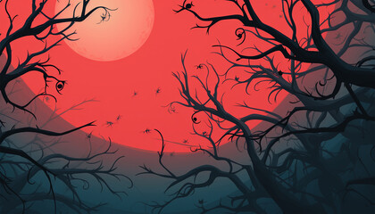 Scary and spooky forest branches on red blue background. Realistic Halloween background with creepy landscape of night sky fantasy forest in moonlight illustration copy space. Trees in a mystery 