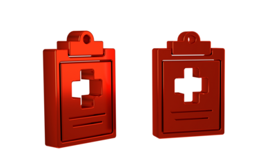 Red Medical clipboard with clinical record icon isolated on transparent background. Health insurance form. Prescription, medical check marks report.