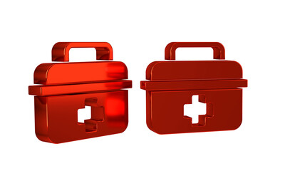 Red First aid kit icon isolated on transparent background. Medical box with cross. Medical equipment for emergency. Healthcare concept.