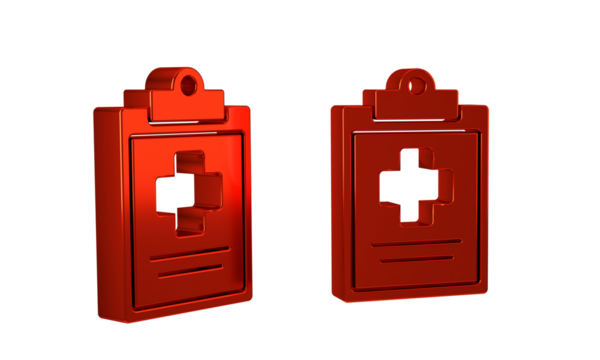 Red Medical clipboard with clinical record icon isolated on transparent background. Health insurance form. Prescription, medical check marks report.