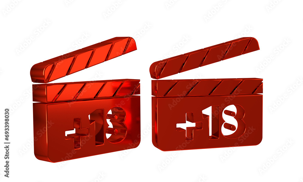 Poster red movie clapper with 18 plus content icon isolated on transparent background. age restriction symb
