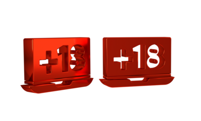 Red Laptop with 18 plus content icon isolated on transparent background. Age restriction symbol. Adult channel.