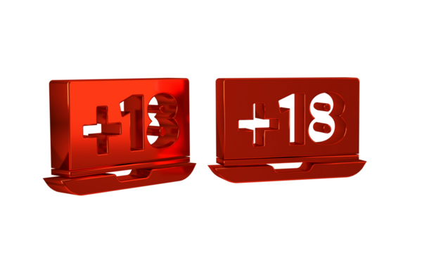 Red Laptop with 18 plus content icon isolated on transparent background. Age restriction symbol. Adult channel.