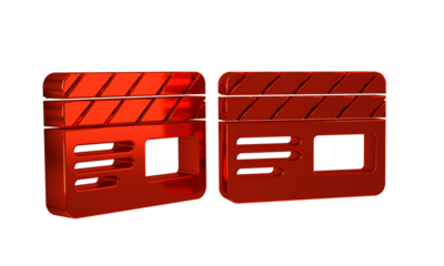 Red Movie clapper icon isolated on transparent background. Film clapper board. Clapperboard sign. Cinema production or media industry.