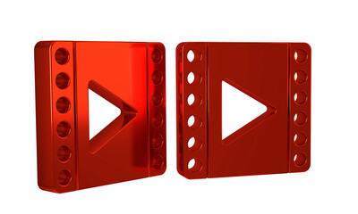 Red Play Video icon isolated on transparent background. Film strip sign.