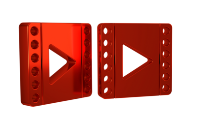 Red Play Video icon isolated on transparent background. Film strip sign.