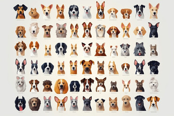 Create a series of vector illustrations featuring the distinct characteristics of various dog breeds. Highlight the unique features of each breed, such as ears, snouts, and markings. - obrazy, fototapety, plakaty