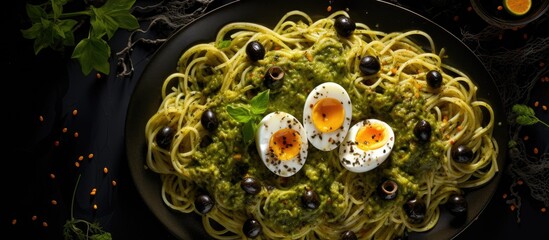 Spooky Halloween pasta dish featuring green pesto, quail eggs, and black olive eyes, perfect for a fun and delicious Halloween meal viewed from above.