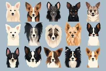 Create a series of vector illustrations featuring the distinct characteristics of various dog breeds. Highlight the unique features of each breed, such as ears, snouts, and markings.