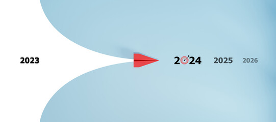 red plane is heading to 2024 target. business creativity new idea discovery innovation technology. new year idea concept. - obrazy, fototapety, plakaty