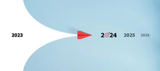 Tuinposter red plane is heading to 2024 target. business creativity new idea discovery innovation technology. new year idea concept. © Smile Studio AP