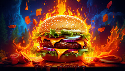 Composition with burning flame cheeseburger and hamburger illustration