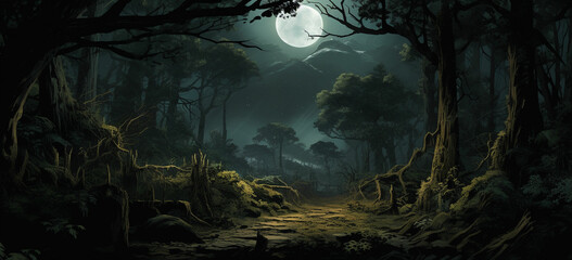 Create a forest scene with tall, twisting trees and a mysterious moon or sun in the background, casting long shadows.