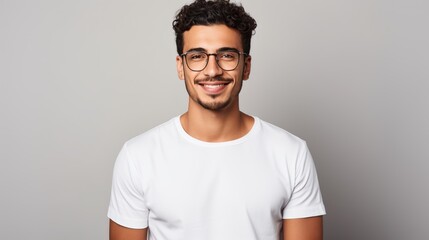 Attractive young Mexican man wearing a white t-shirt and glasses. Isolated on white background. - obrazy, fototapety, plakaty