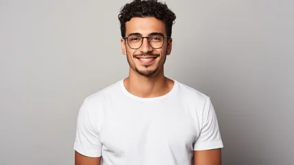 Fotobehang Attractive young Mexican man wearing a white t-shirt and glasses. Isolated on white background. © Phoophinyo