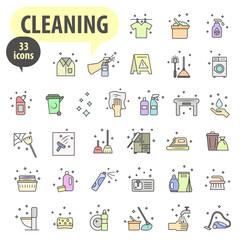 Colored cleaning company symbol icons with outline. Vector set of linear icons on the theme of cleaning. Cleaning icons.