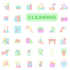 Set of bright linear icons on the theme of cleaning. Cleaning company symbol icons.
